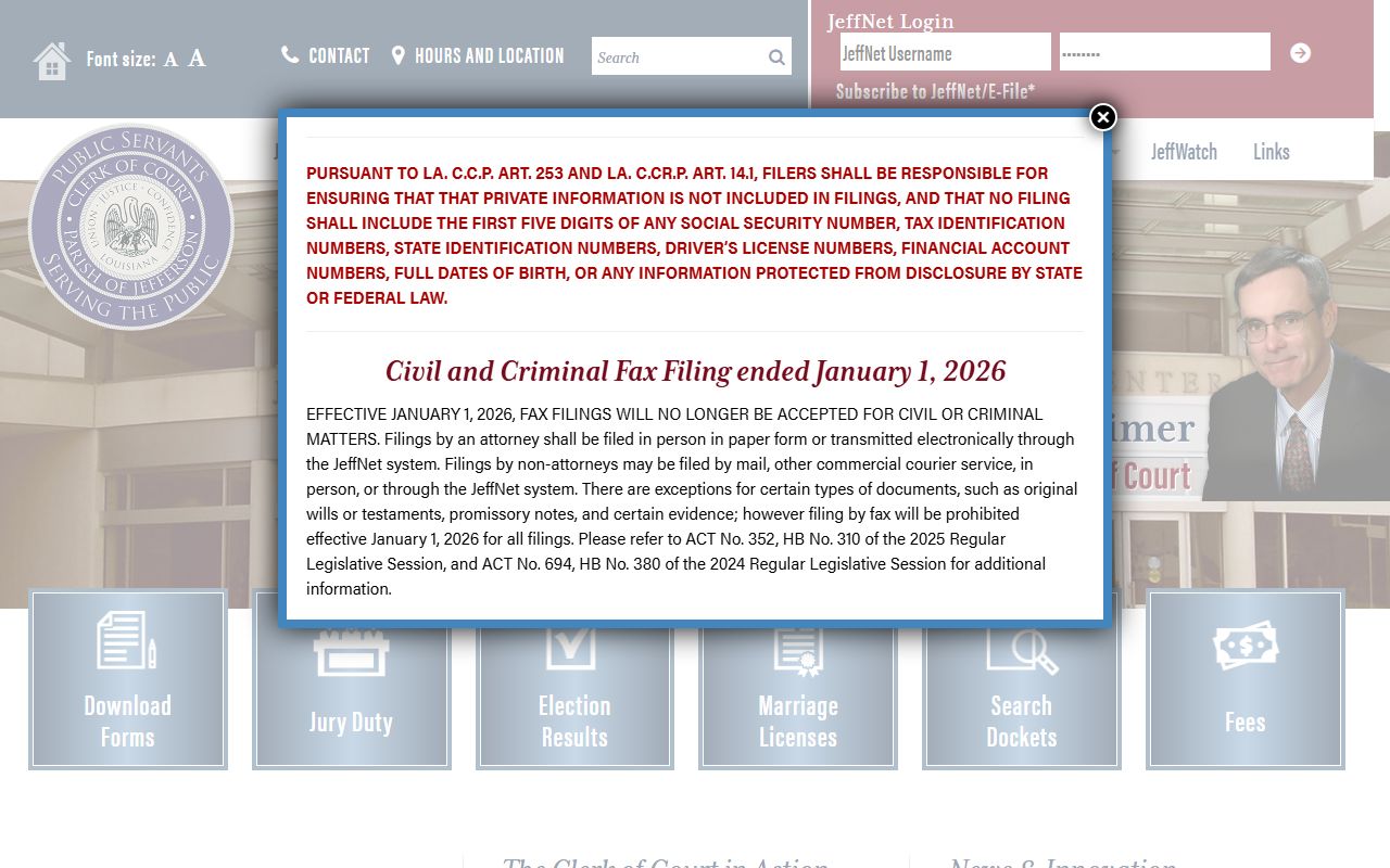 Jefferson Parish Clerk of Court portal for Metairie divorce records