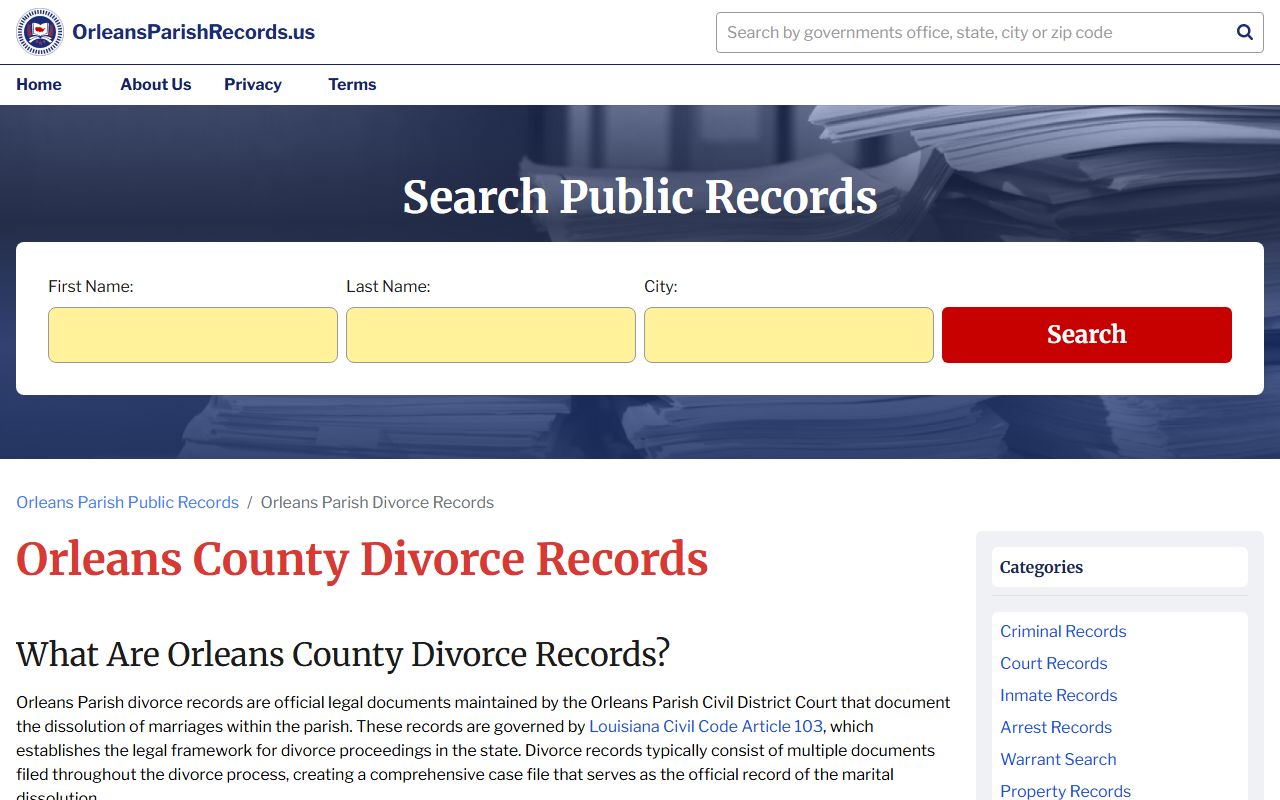 New Orleans divorce records search and access resources