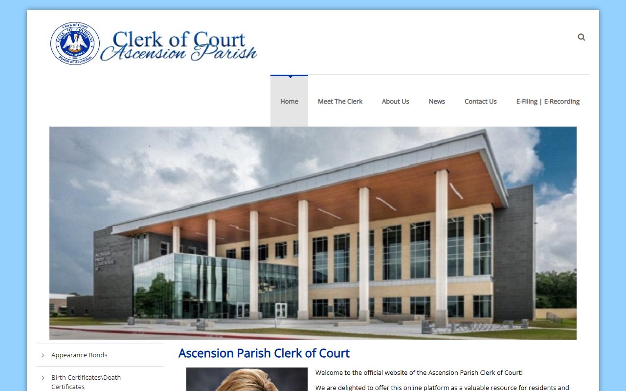 Ascension Parish Clerk of Court main website for divorce records