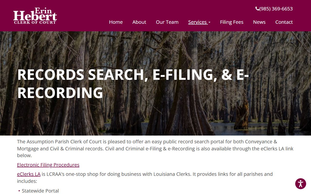 Assumption Parish Clerk LCRAA page for online divorce record searches