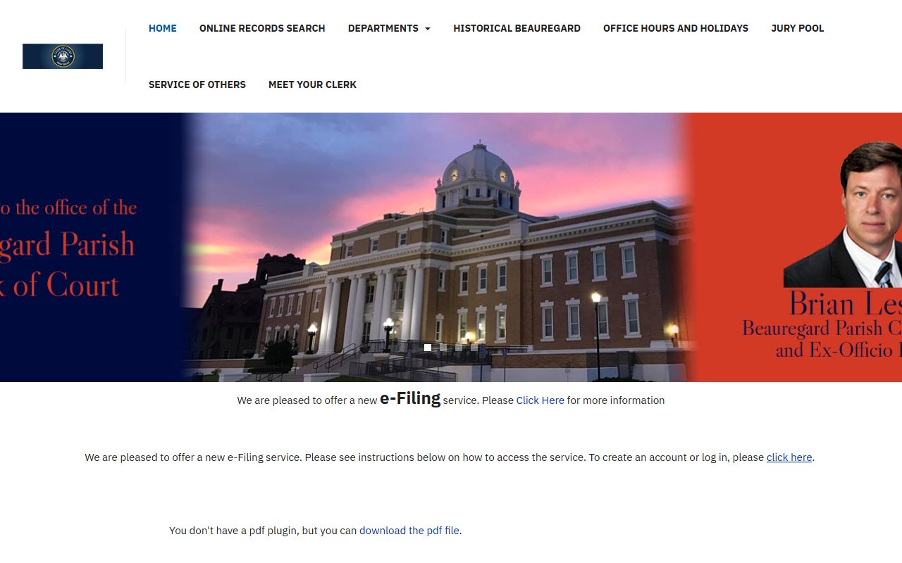 Beauregard Parish Clerk of Court eFiling page for electronic divorce document submission