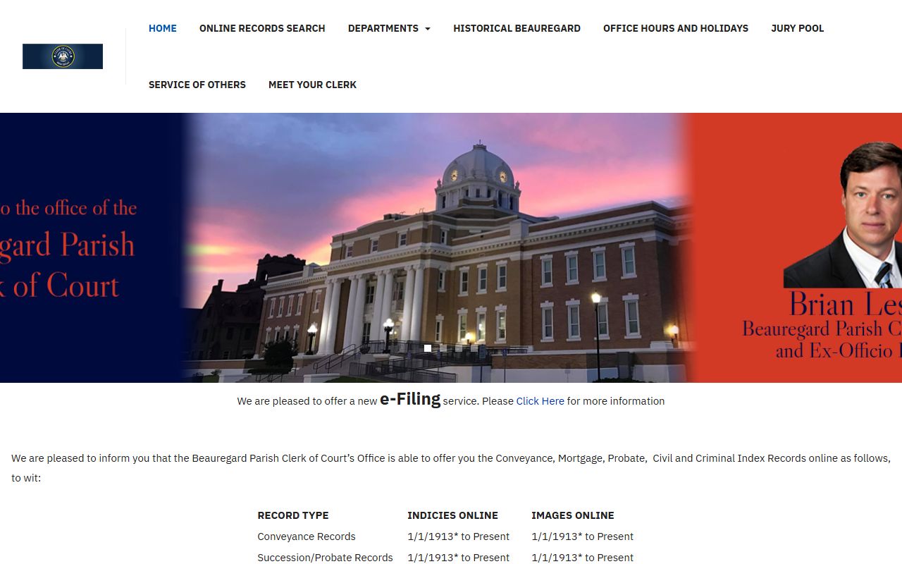 Beauregard Parish Clerk of Court main website for divorce records