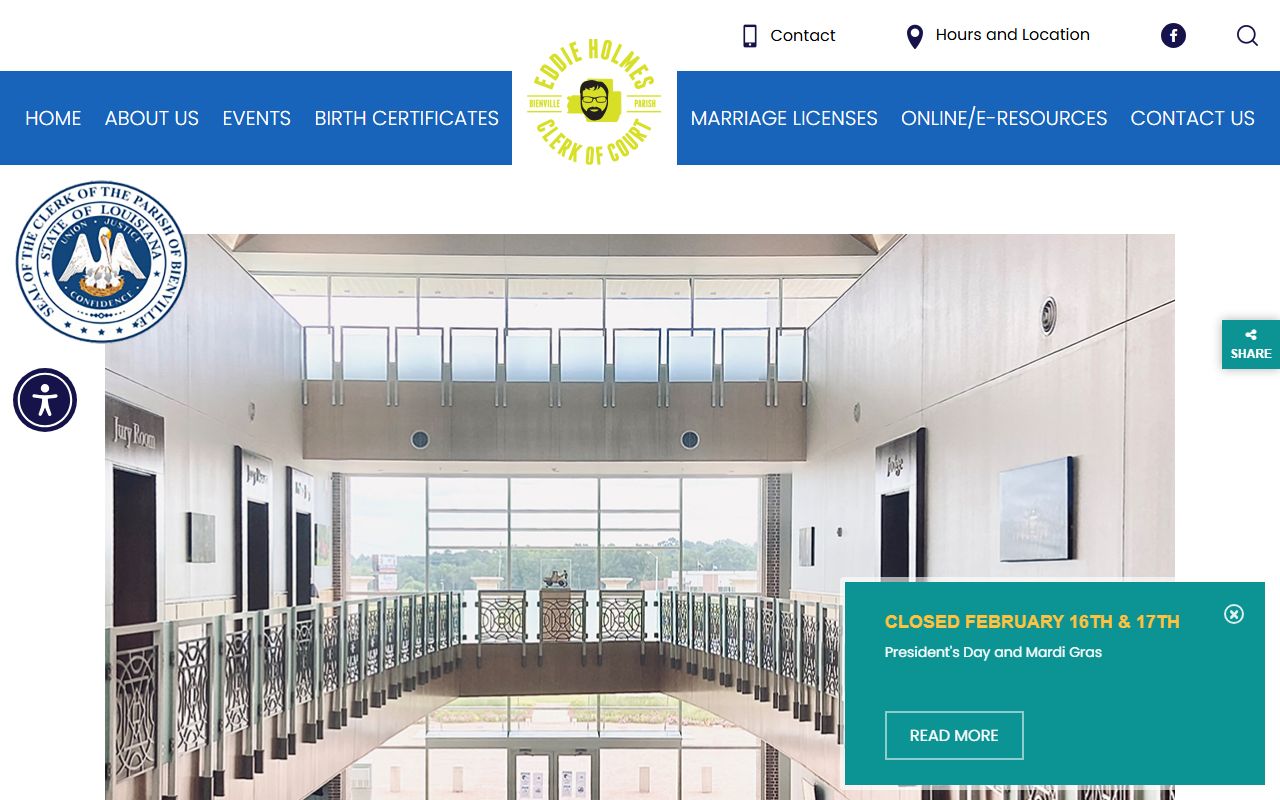 Bienville Parish Clerk of Court main website for divorce records in Arcadia