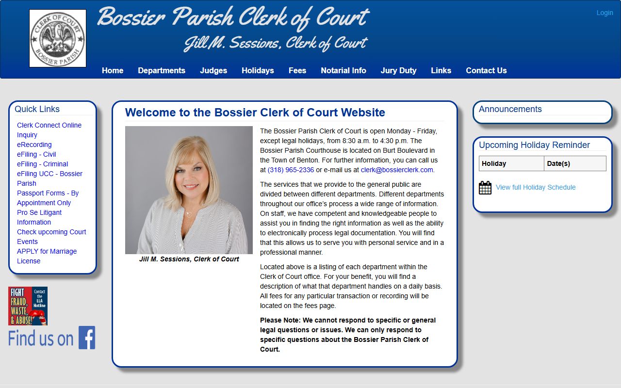 Bossier Parish Clerk of Court main website for divorce records in Benton