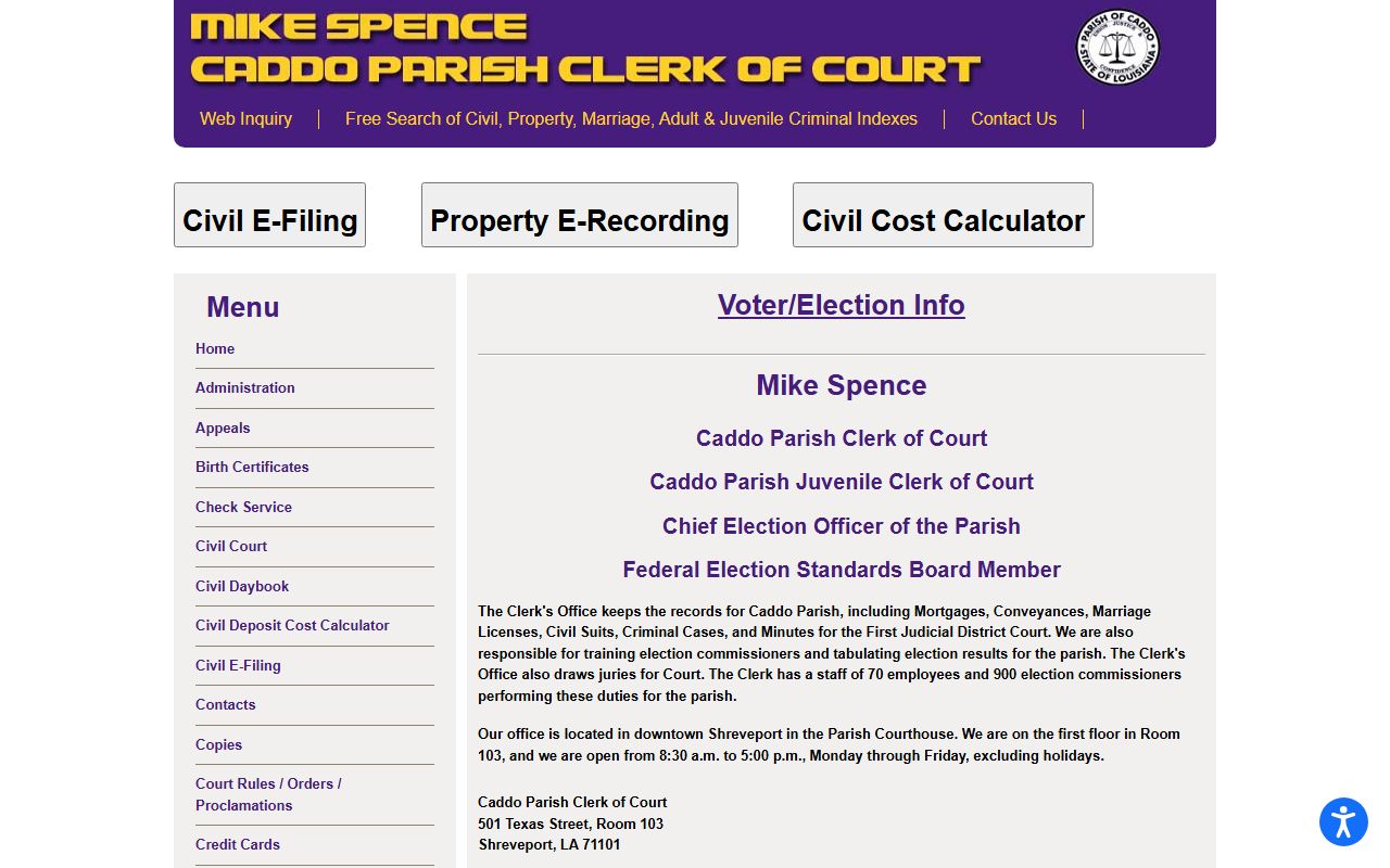 Caddo Parish Clerk of Court main website for divorce records in Shreveport
