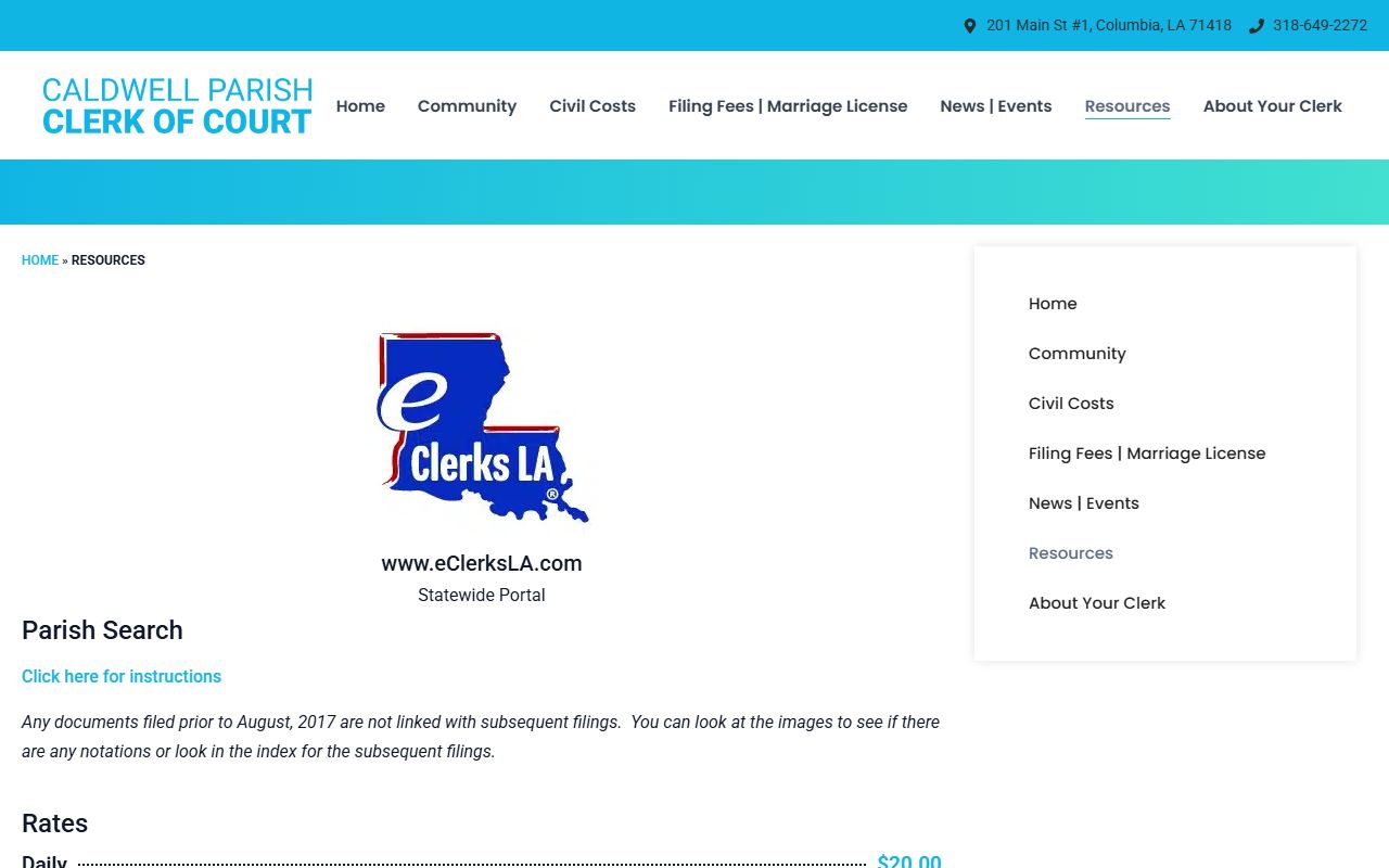 Caldwell Parish Clerk of Court resources page for divorce record access