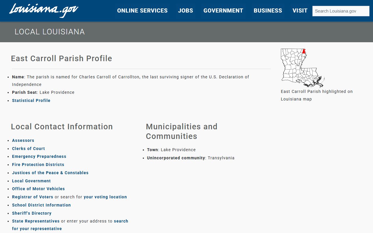 Louisiana state portal East Carroll Parish page for clerk of court divorce records
