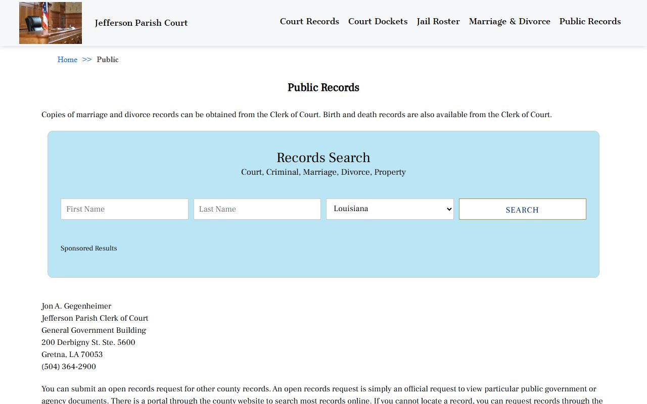 Jefferson Parish public records portal for divorce records