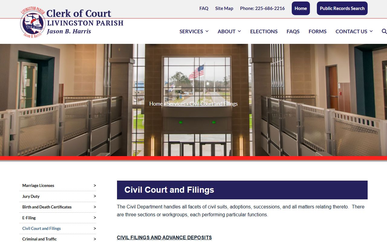 Livingston Parish Clerk civil court records search page