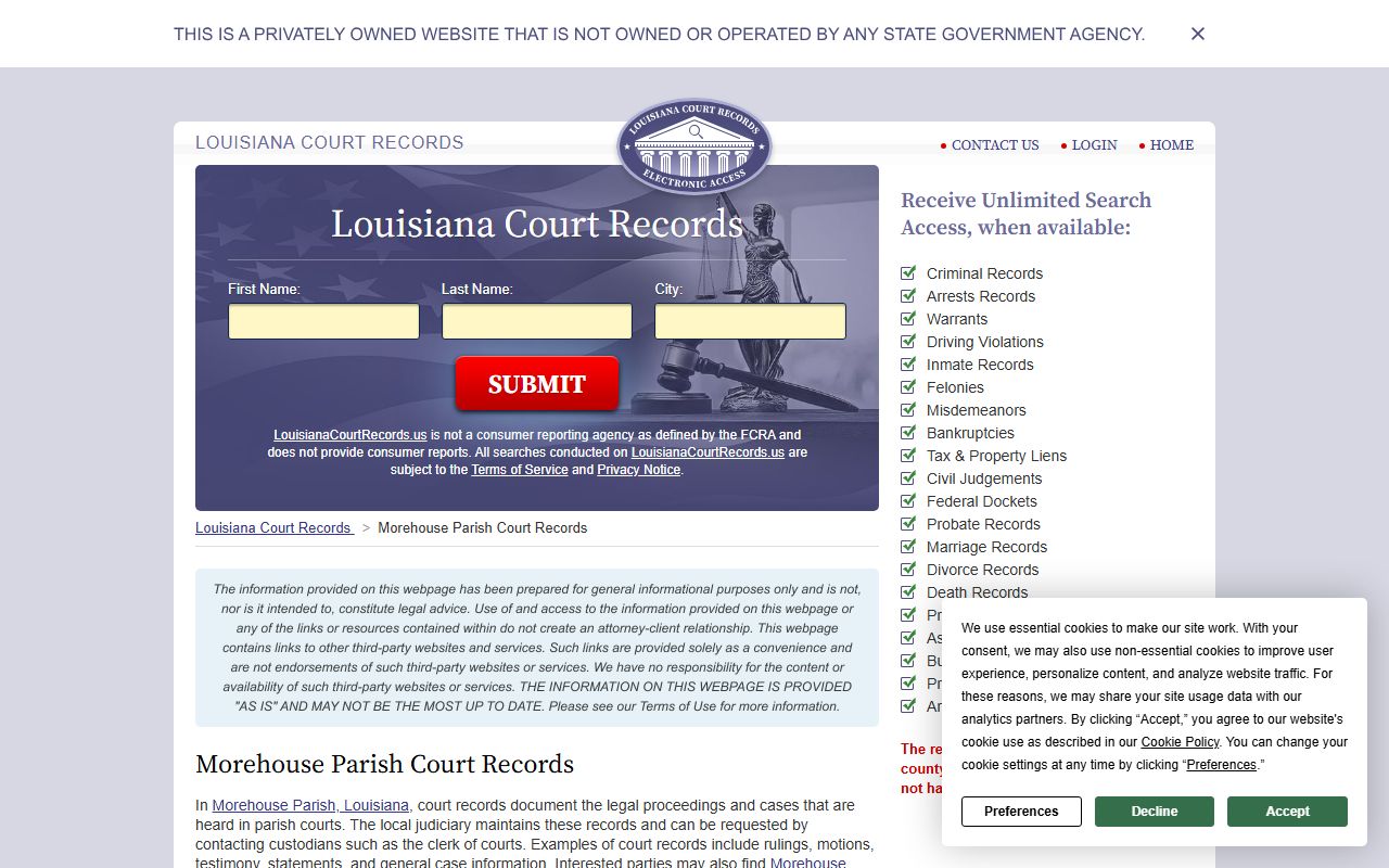 Morehouse Parish court records information page