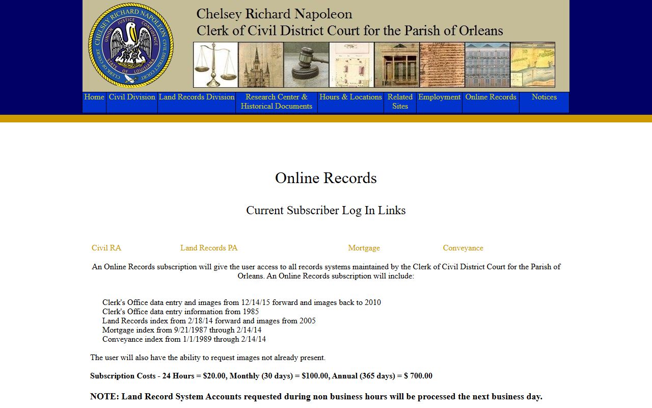 Orleans Parish Civil District Court online records search page