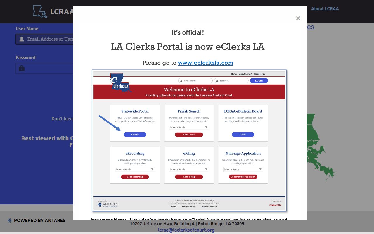 Louisiana Clerks Portal search interface