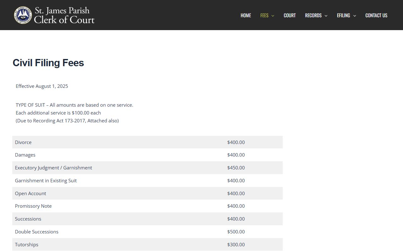 St. James Parish civil filing fees page