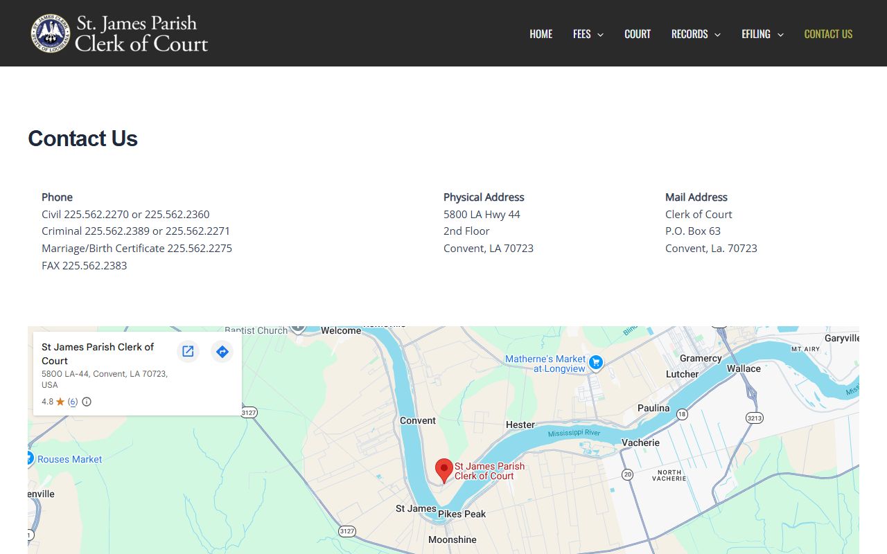 St. James Parish Clerk of Court contact page