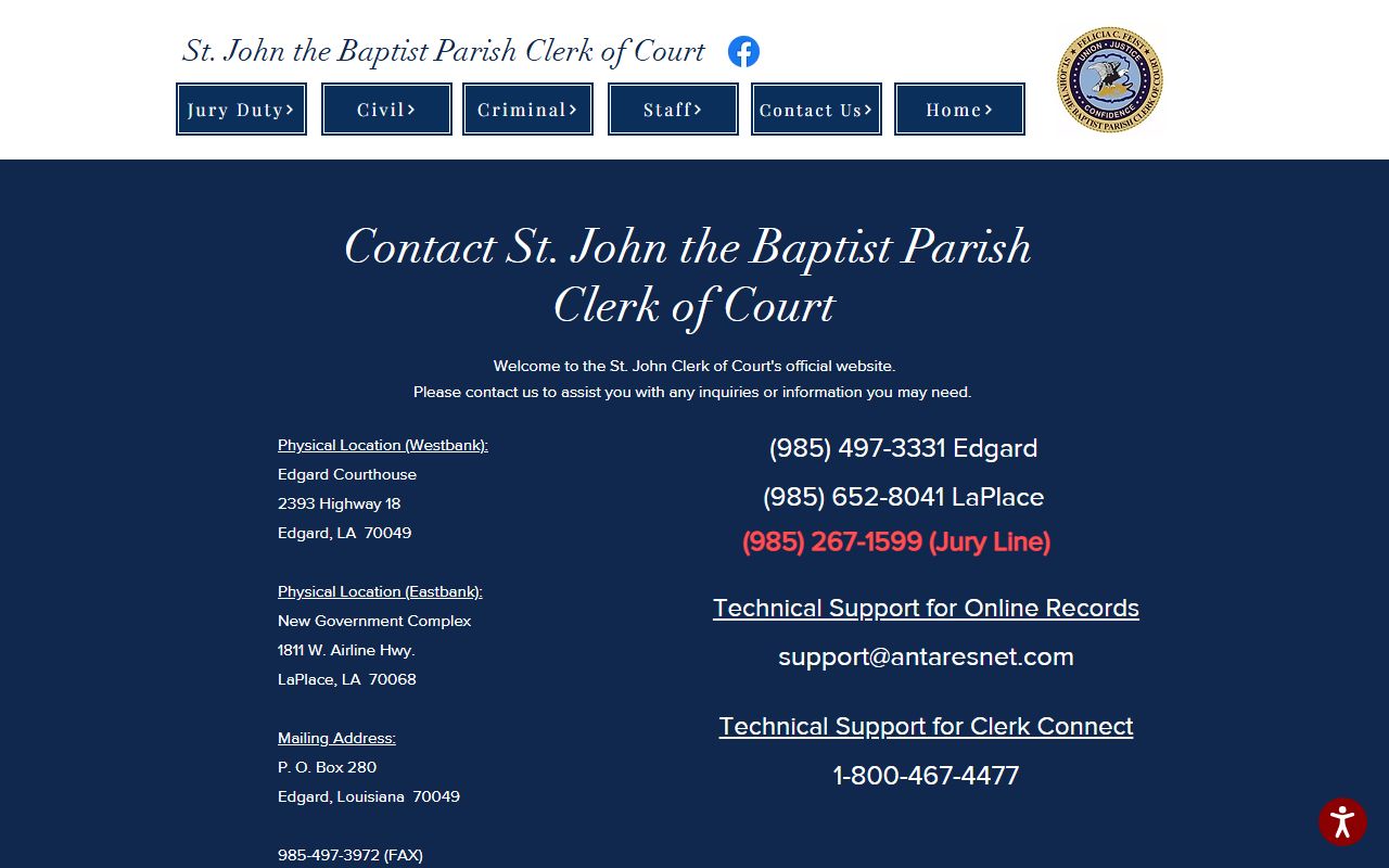 St. John the Baptist Parish Clerk of Court contact page