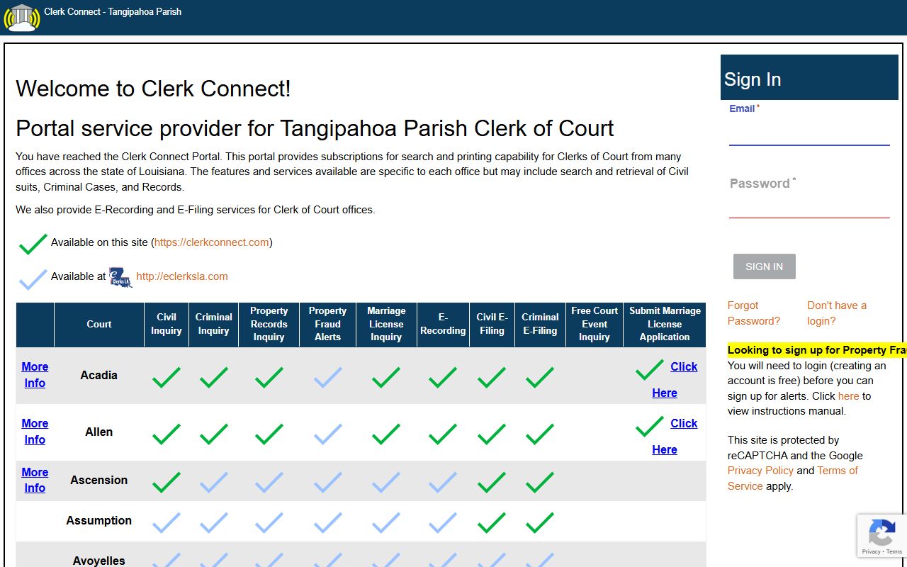 Tangipahoa Parish civil case search on Clerk Connect