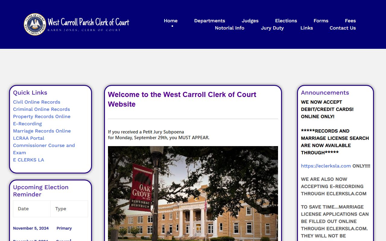 West Carroll Parish Clerk of Court website homepage
