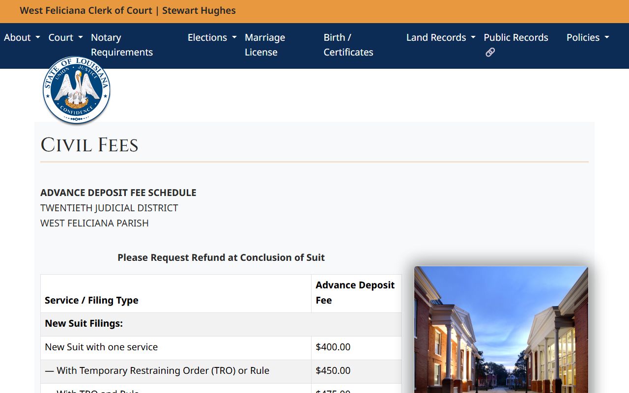 West Feliciana Parish civil filing fees schedule