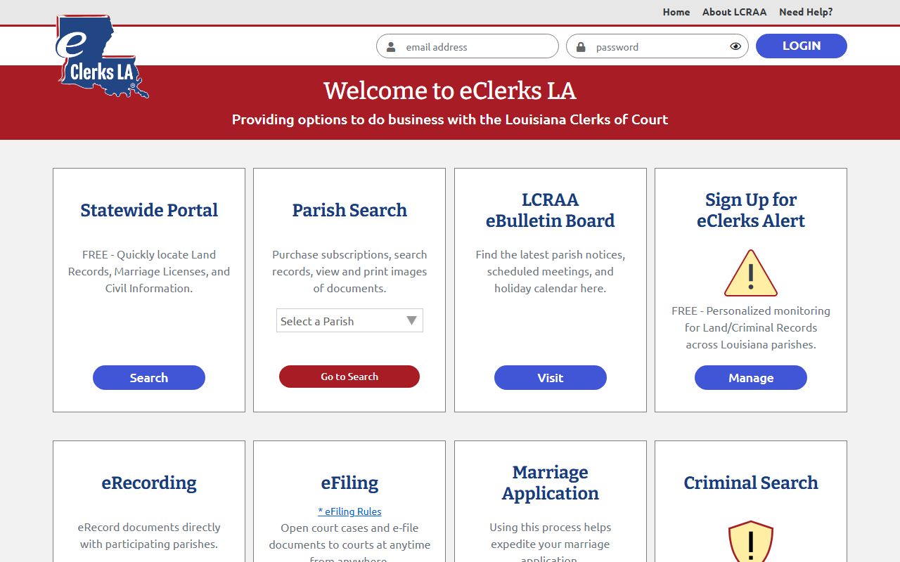 eClerks LA portal alternate access for Louisiana civil and divorce record searches