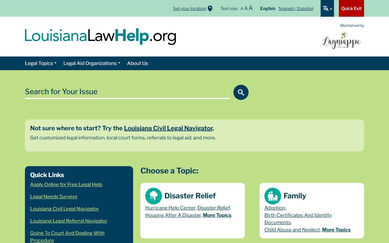 Louisiana Law Help website providing self-help legal resources for divorce