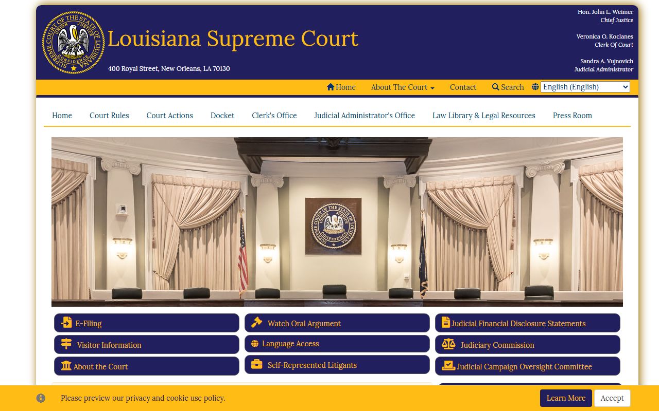 Louisiana Supreme Court homepage showing court resources for divorce records
